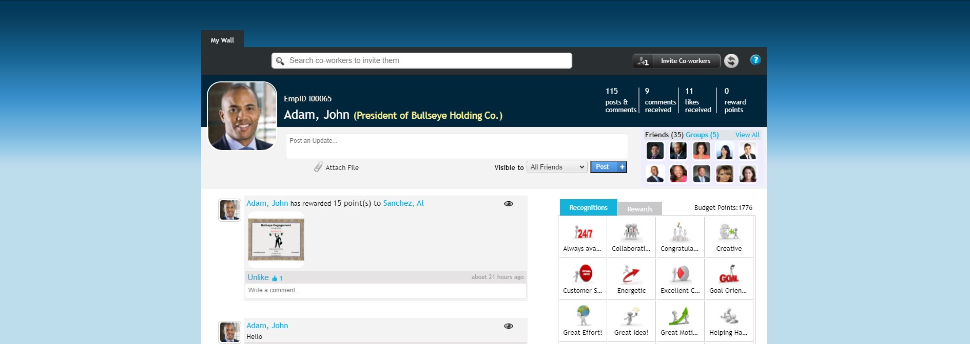 screenshot of BullseyeEngagement Employee Recognition Software